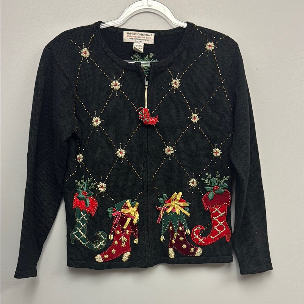 Vintage Heirlooms Collectibles Black Christmas Cardigan with Embroidered Design